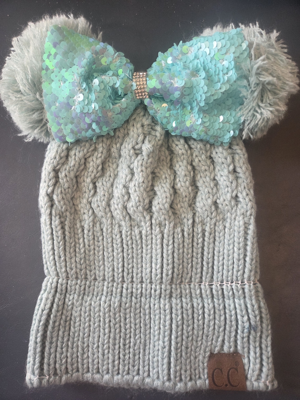 C.C Sequin Bow Cable Knit Pom Beanie - Mint